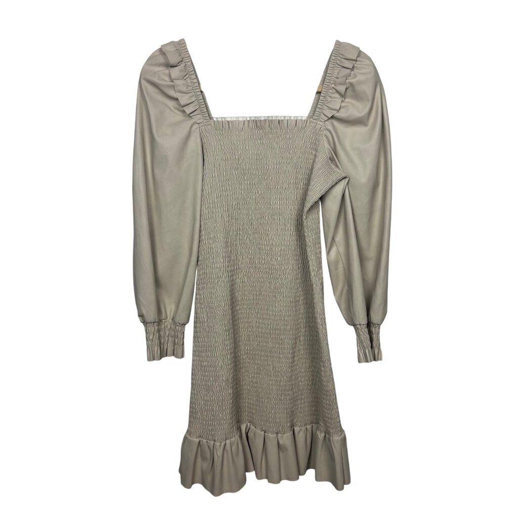 7 For All Mankind M Beige Faux Leather Vegan Bodycon Ruffle Puff Sleeve Dress
